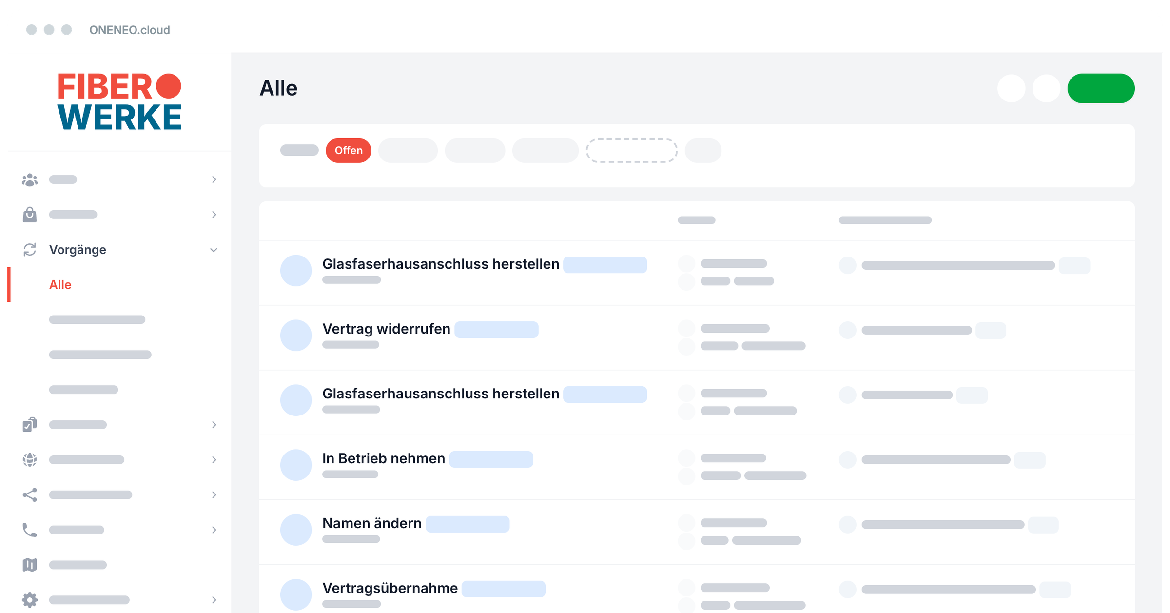 Vorgangsliste der ONENEO.cloud mit laufenden Vorgängen, zugehörigen Verträgen und der jeweils aktuellen Aufgabe