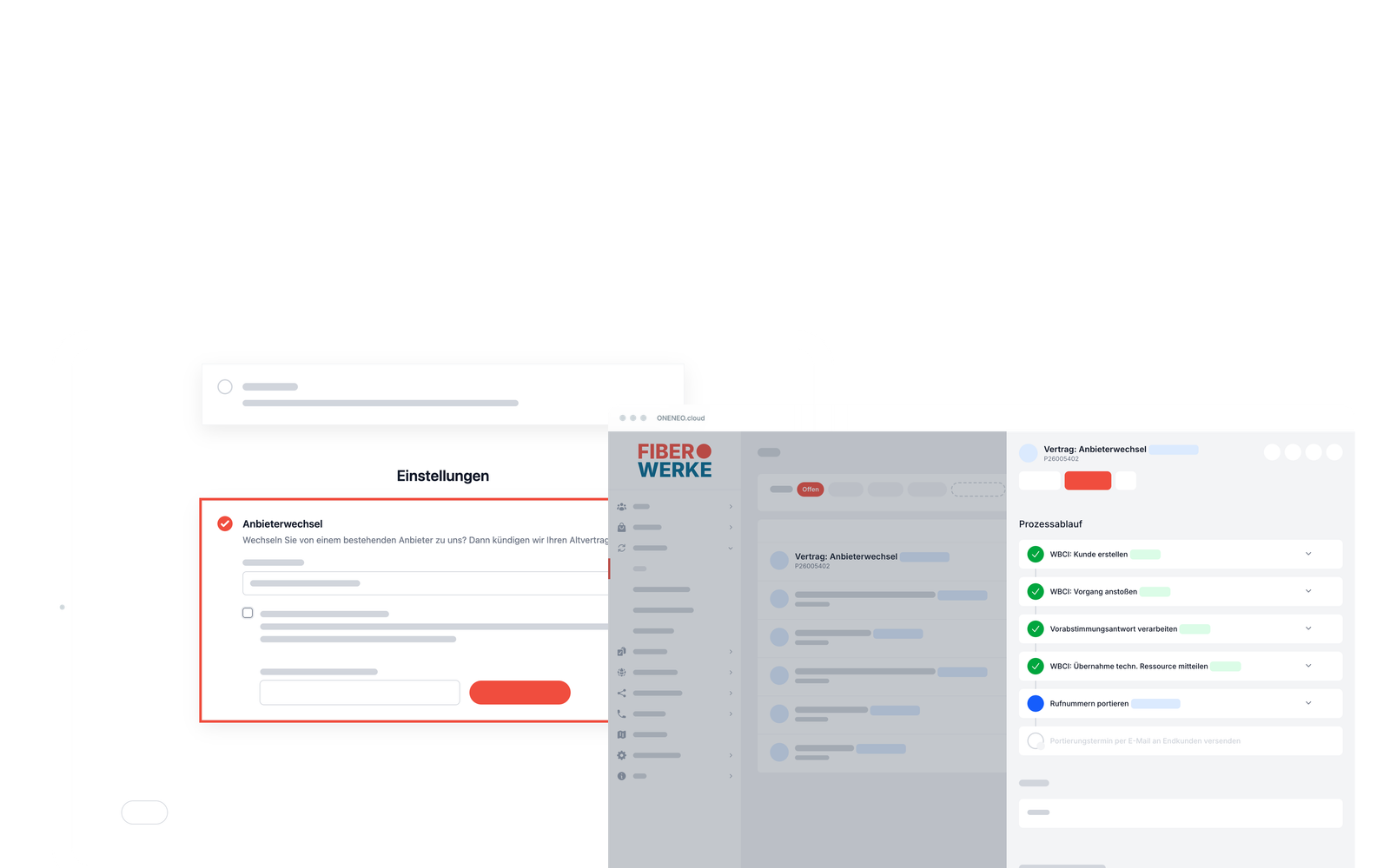 Bestellstrecke eines Netzbetreibers, Schritt Meine Daten: Anbieterwechsel ist angehakt, der bisherige Anbieter gewählt; davor in der ONENEO.cloud der daraus entstandene Vorgang Vertrag: Anbieterwechsel mit Prozessablauf über WBCI, die Rufnummern werden gerade portiert
