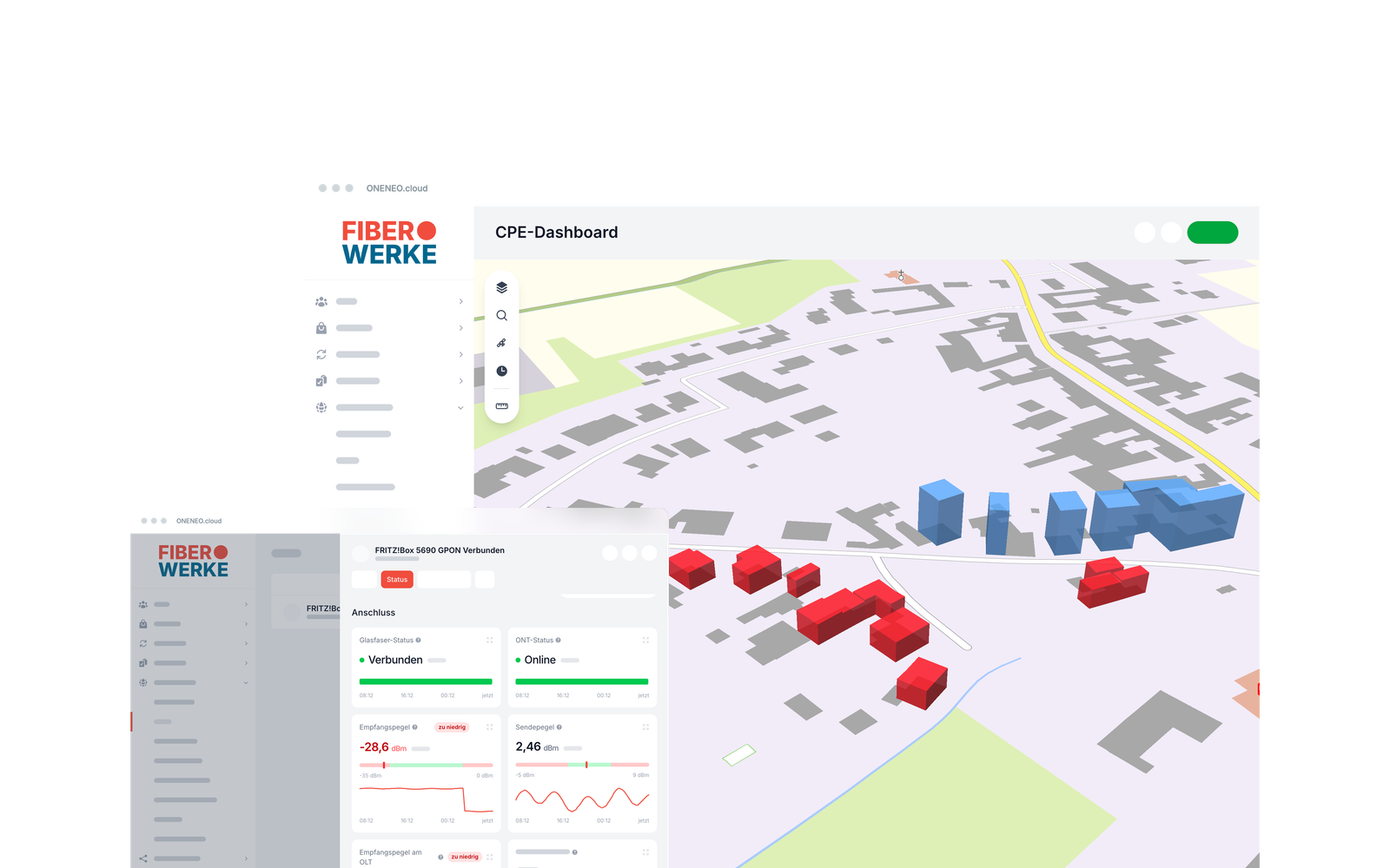 CPE-Dashboard der ONENEO.cloud als 3D-Karte: jedes angeschlossene Haus einer Straße als Säule nach seinem Empfangspegel, die Häuser an einem gestörten PON-Port flach und rot, die übrigen hoch und blau; davor der Router eines dieser Häuser: Glasfaser verbunden, Empfangspegel zu niedrig, im Verlauf vor einigen Stunden um rund 9 dB abgefallen